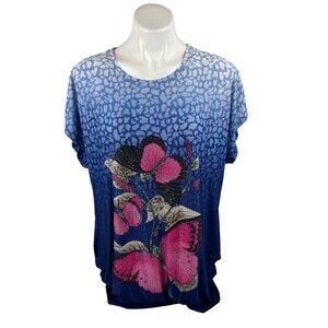 Portman Fashion Women XL Top Butterfly Gem Rhinestone Graphic Print